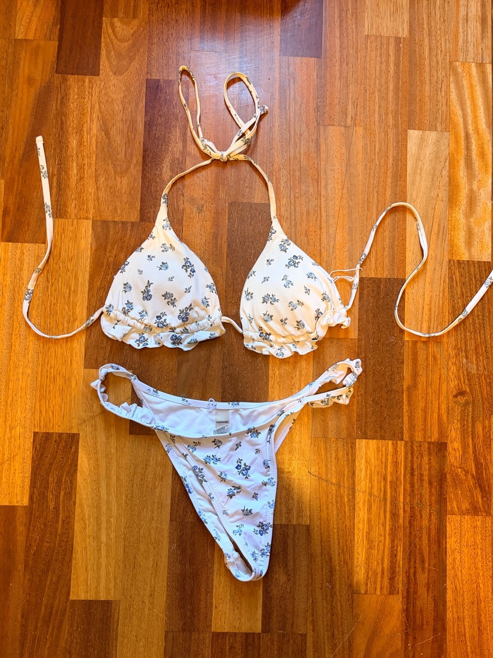 Garage White Floral Ruffle Triangle Bikini Set